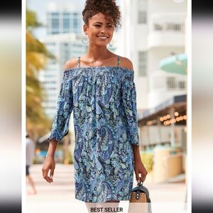 Elegant Blue Paisley Off-Shoulder Mini Dress